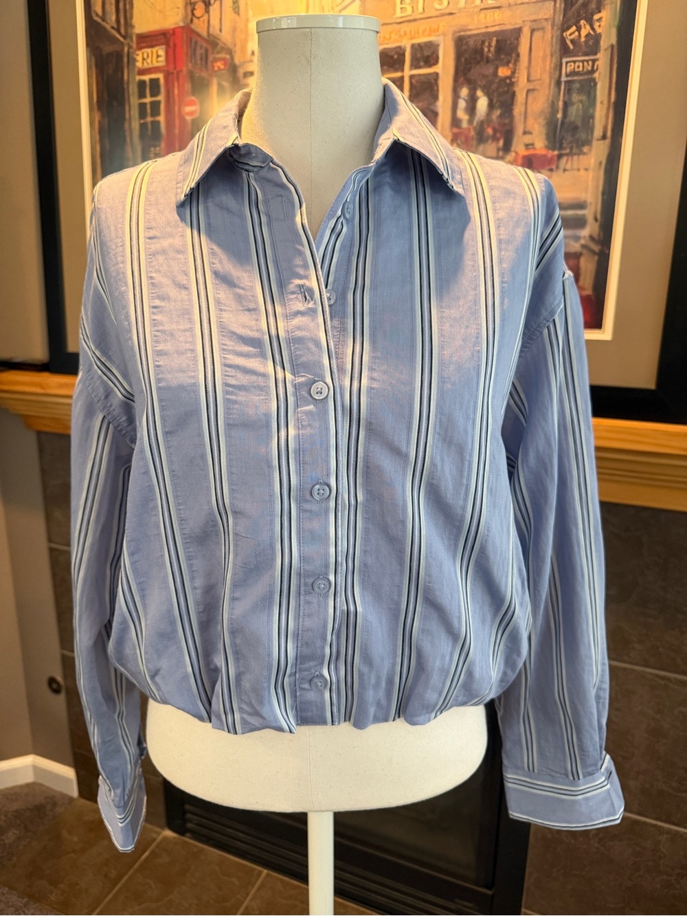NWT Blue Striped Button-Down Shirt with elastic hem